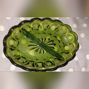 Anchor Hocking Green Glass Divided Serving Dish EUC